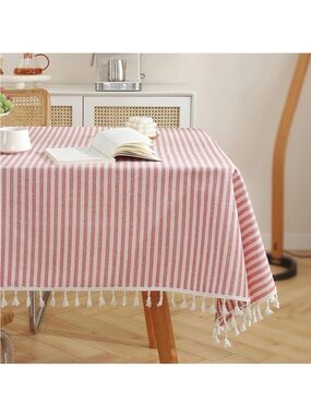 NEW Striped Tassels Tablecloth Stain/ Wrinkle Resistant Washable. Red 47x47”